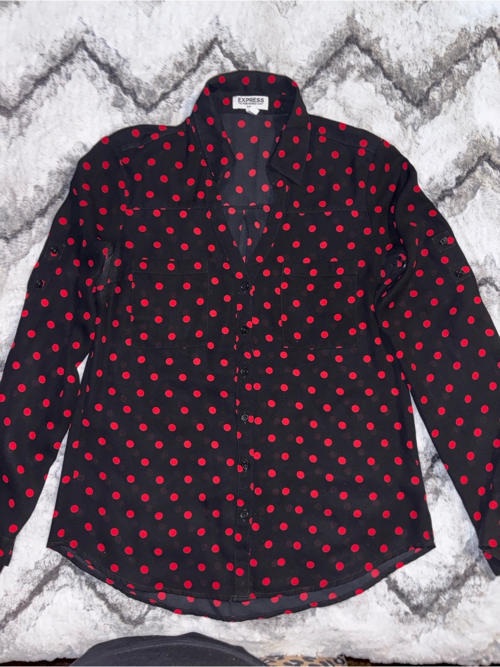 Express Black Button-Down Shirt with Red Polka Dots
